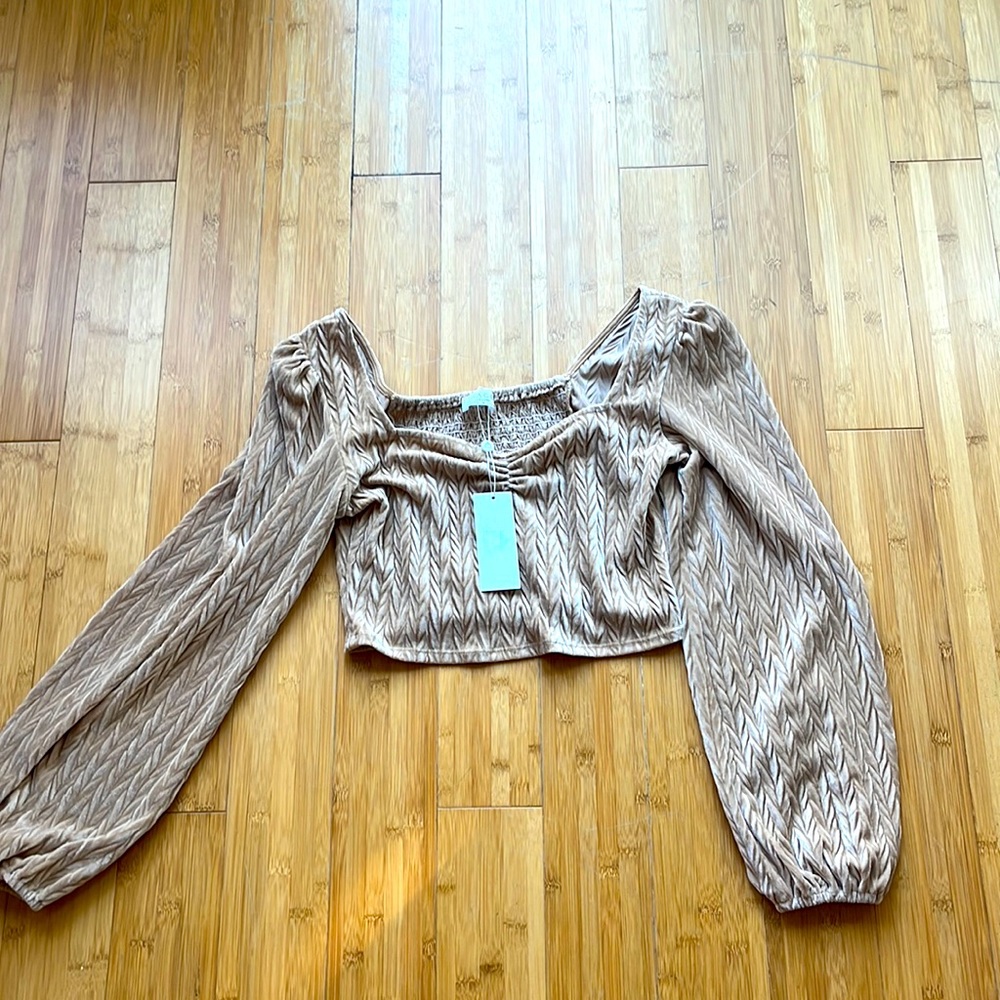 NWT Rushed Velvet Cropped Long Sleeve Peasant top - TAN